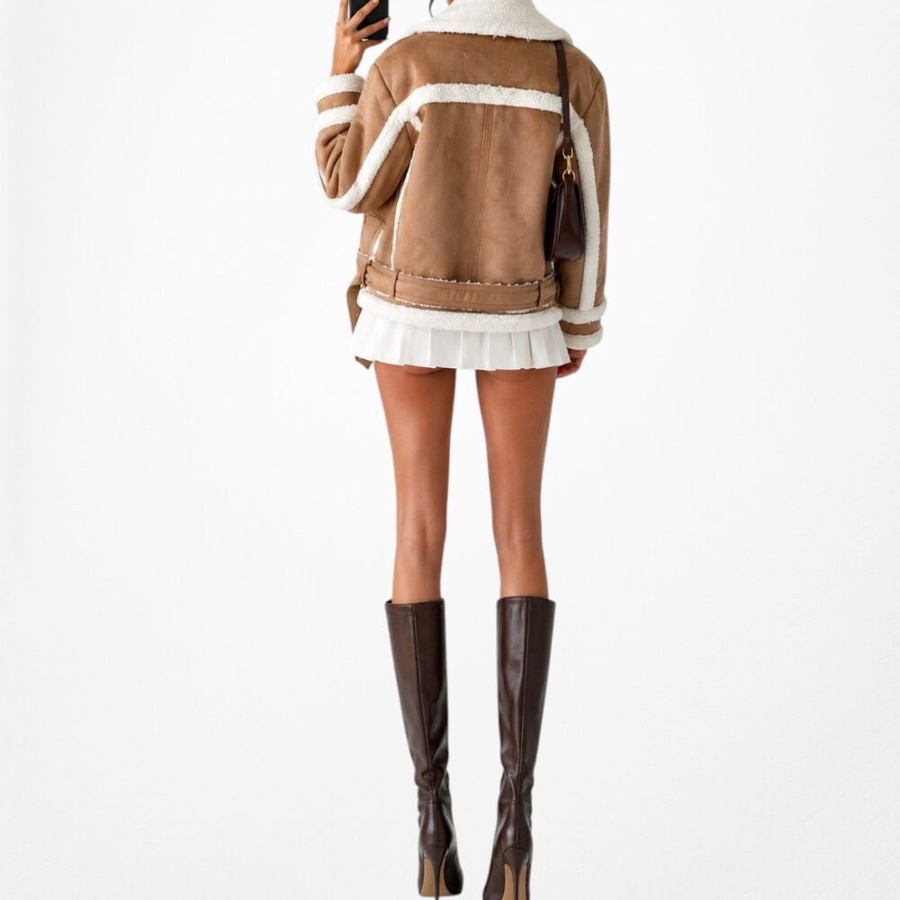 Vintage Y2K 90s Brown Suede Faux Fur Fleece Lined Motorcycle Biker Jacket Coat L - Picture 3 of 9